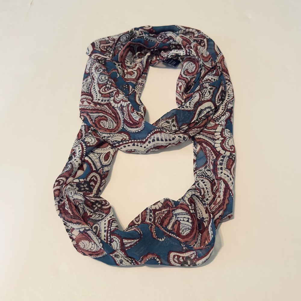 Infinity Scarf Blue Burgundy Paisley Print Sheer Lightweight OS Classic Boho